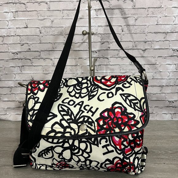 Coach Handbags - Coach Graffiti F16915 Kyra Poppy Black White & Red Sateen Messenger Bag